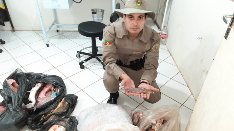 Policial militar ambiental segurando um peixe com tamanho inferior ao permitido, ao seu redor, quatro sacolas de peixes oriundos de pesca ilegal.