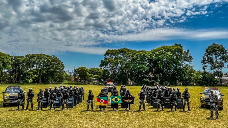 Policiais do Choque estão reunidos sob um gramado verde, durante um dia ensolarado.