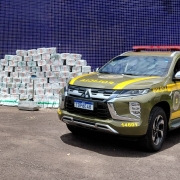 Uma viatura da BM aparece ao lado da pilha em formato de pir&acirc;mide de embalagens de maconha. 